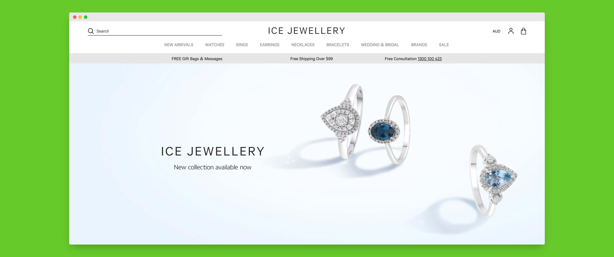 Screenshot of Ice Jewellery Homepage
