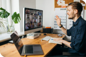 Employee on a video call on a desktop