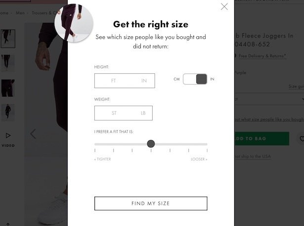 Ecommerce UX features ASOS' size guide tool