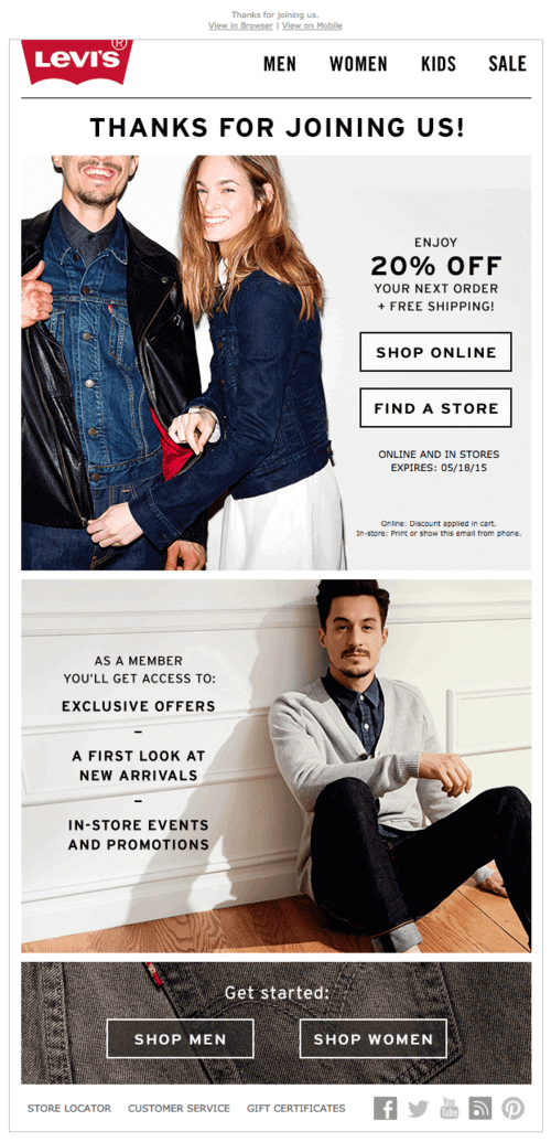 Welcome email campaign from Levi's