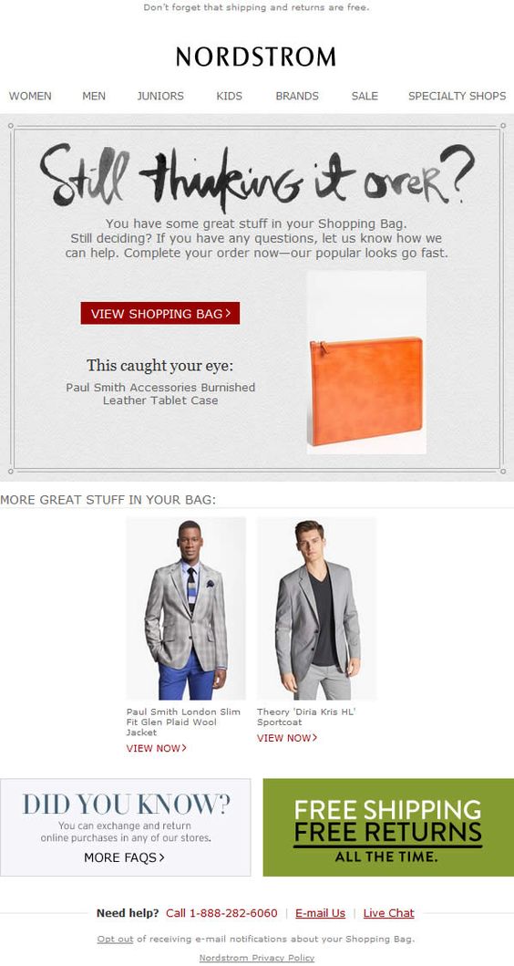 Cart abandonment email campaign from Nordstrom