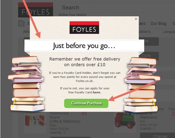 Ecommerce pop over from Foyles