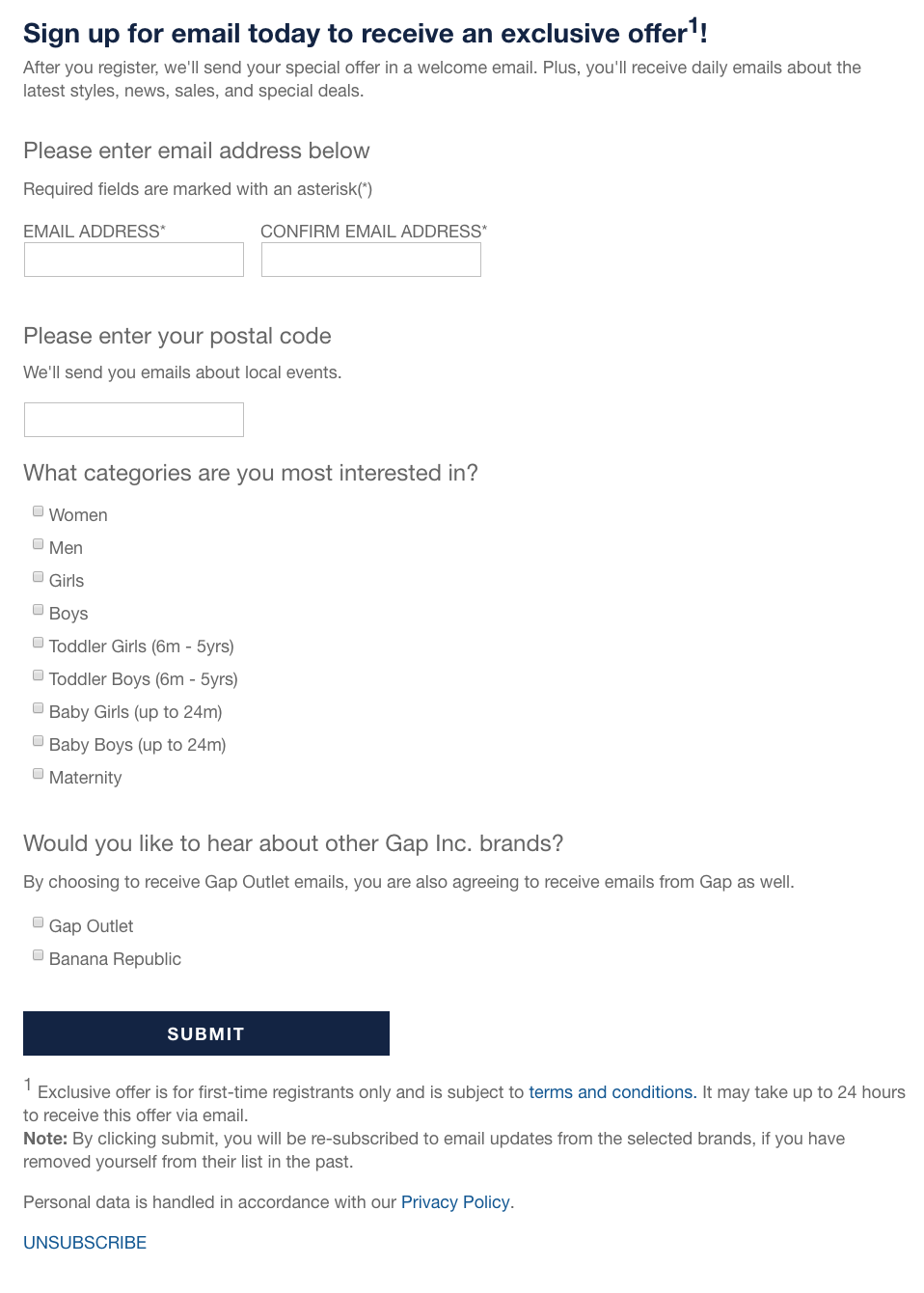 Email marketing sign-up form - Gap