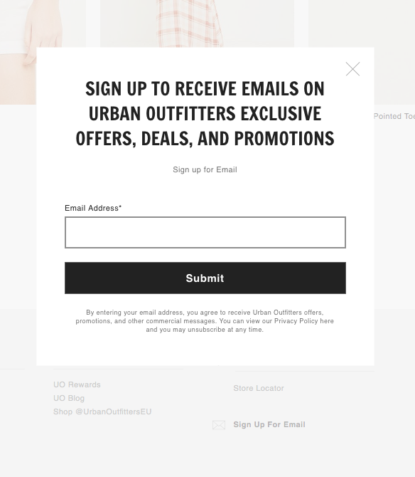 Email sign-up form GDPR - Urban Outfitters