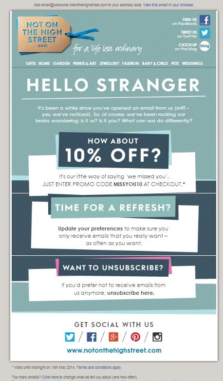 Reengagement email campaign from Not On the High Street