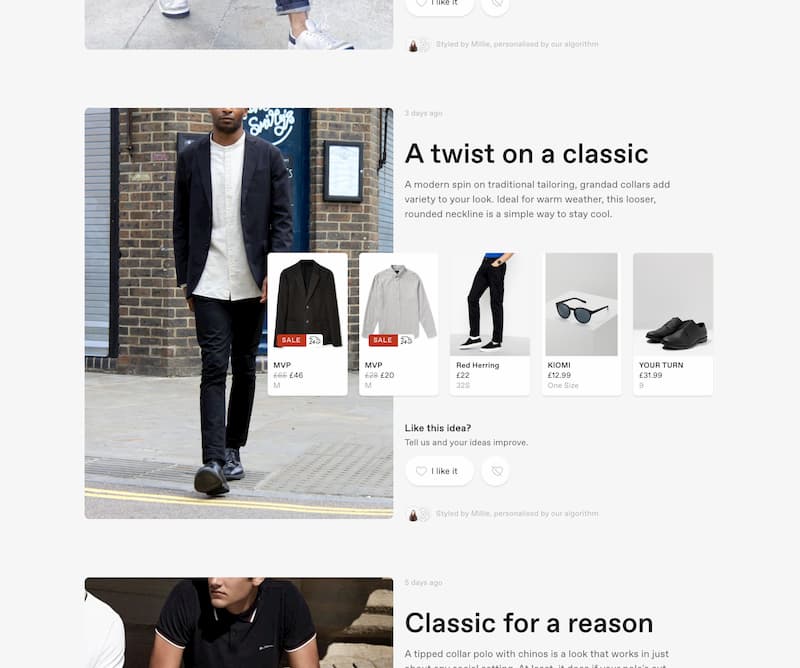 Thread's homepage shows a series of lifestyle images with each one having featured products attached.