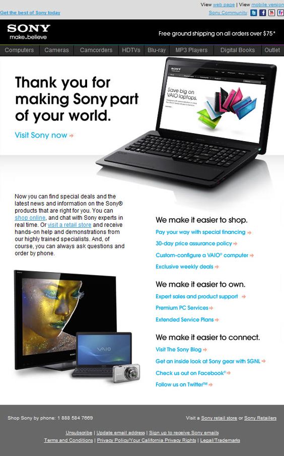 Welcome email series from Sony